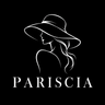Pariscia — silhouette de femme au chapeau, dessin blanc sur fond noir