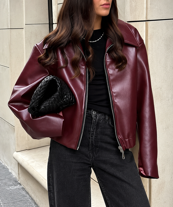 Veste courte bordeaux effet cuir